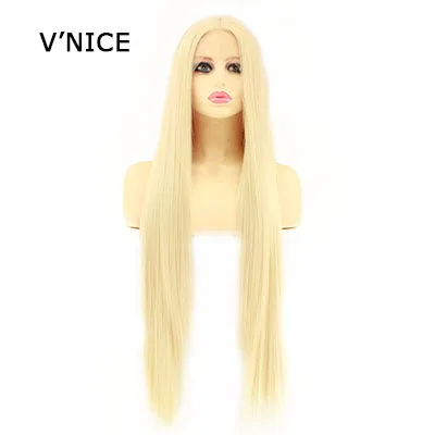 Blonde V'NICE блонд белый кружевной передний парик для женщин 30 дюймов прямые термостойкие синтетические парики ручная тонировка фронтальные волокна волос - Цвет: Blonde