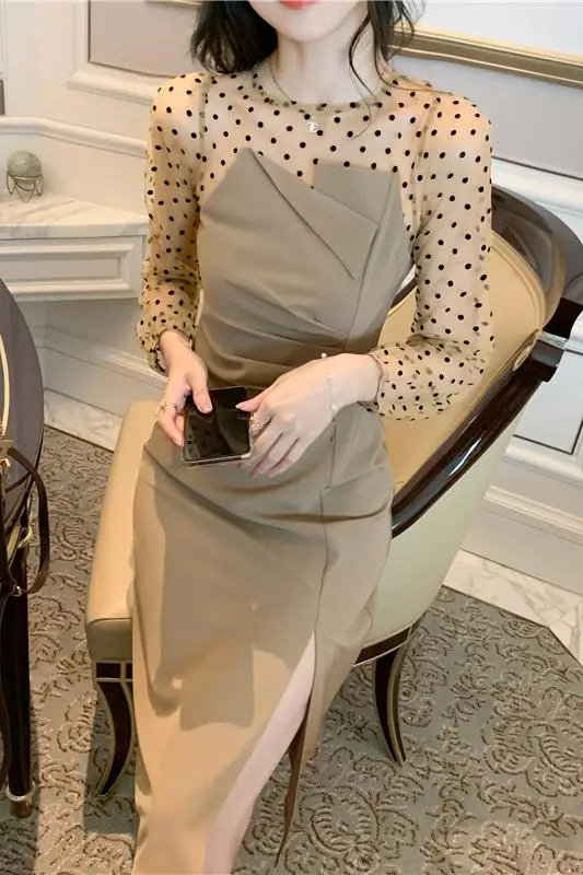 

COIGARSAM Fashion Patchwork Women dress New Spring Full Sleeve Polka Dot Mesh Dresses Khaki 1288