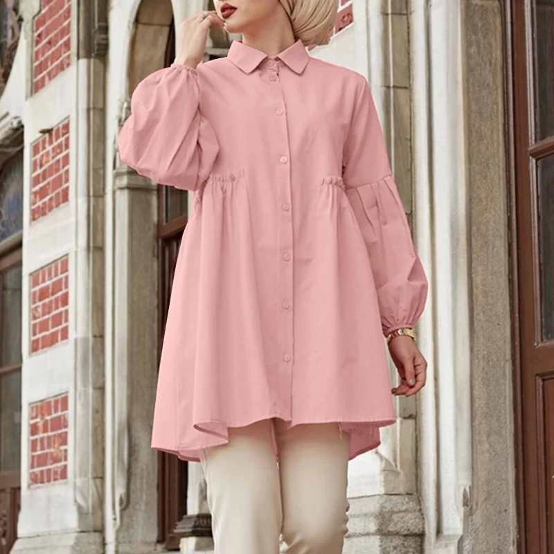 

ZANZEA Women Summer Blouse Casual Full Sleeve Tops Fashion Solid Baggy Muslim Blouse Elegants Shirts Female Chemise Tunic Blusas