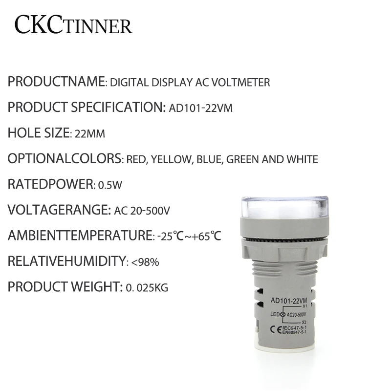 Вольтметр круглый цифровой с AD16-22DSV дисплеем мини-измеритель напряжения 22 мм 20-500