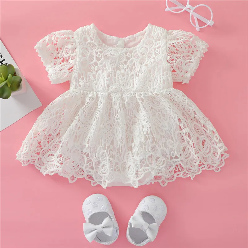 

Newborn Romper Kids Pink Lace Trim Square Collar Fly Sleeve Rompers Dress for Summer Baby Clothing 0-24 Months