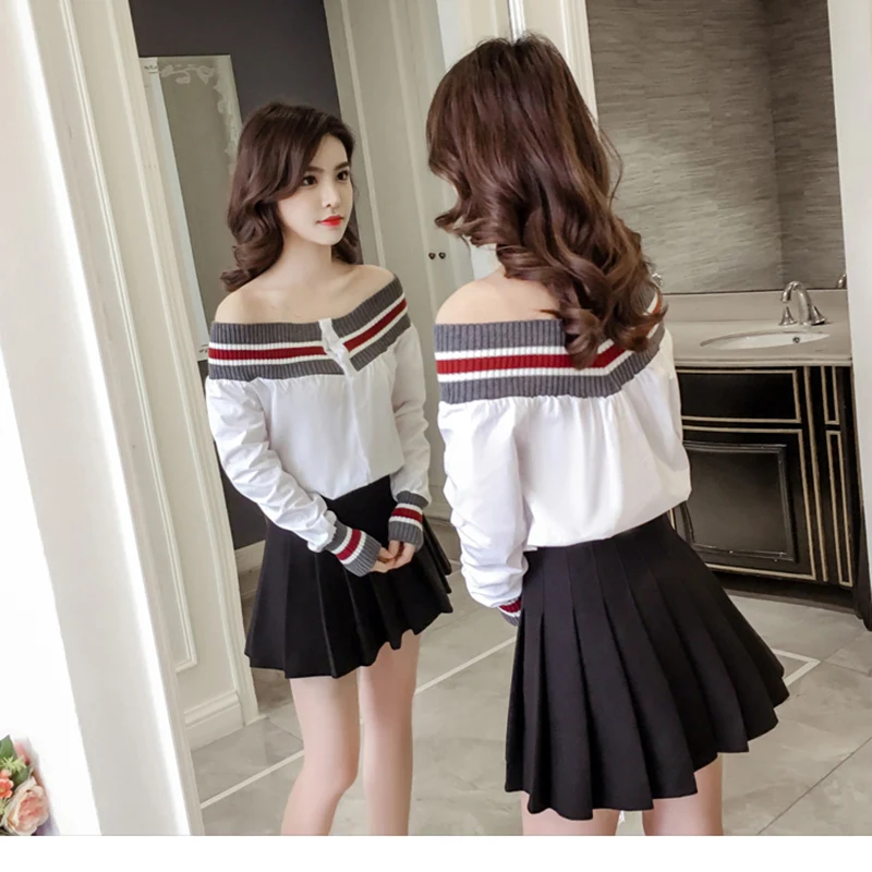 Весна-Осень 2020 женская трикотажная полосатая рубашка с круглым вырезом и