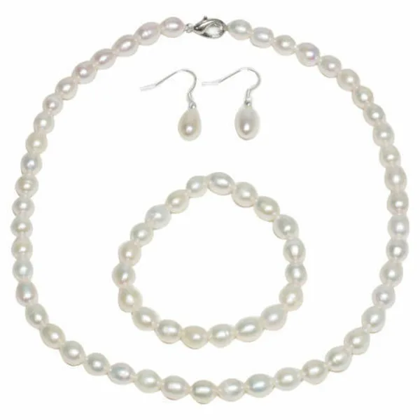 

8-9MM Cultured Freshwater White Pearl Necklace Bracelet & Earring Set 18"7.5"