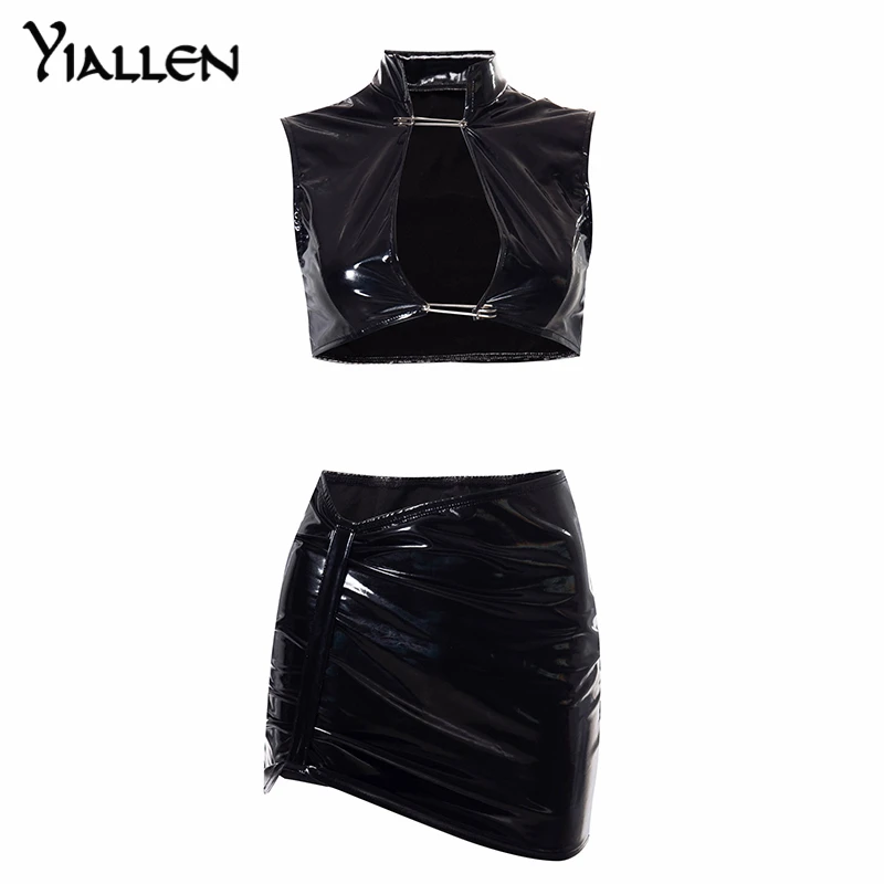 

Yiallen Black Pu Leather Bodycon 2 Piece Set Women Skirt Ladies Sleeveless Crop Top Ruched Mini Dress Matching Outfits Sets 2021