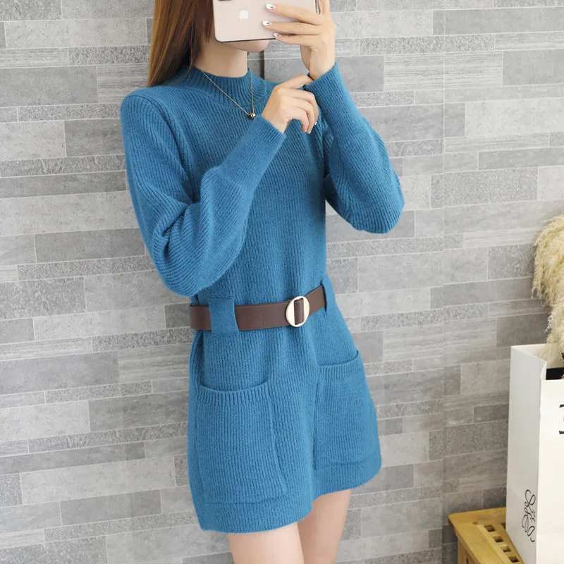 

Женское трикотажное платье с поясом, Повседневное платье-свитер с круглым вырезом и карманами, свободное мини-платье с размера плюс, #1014