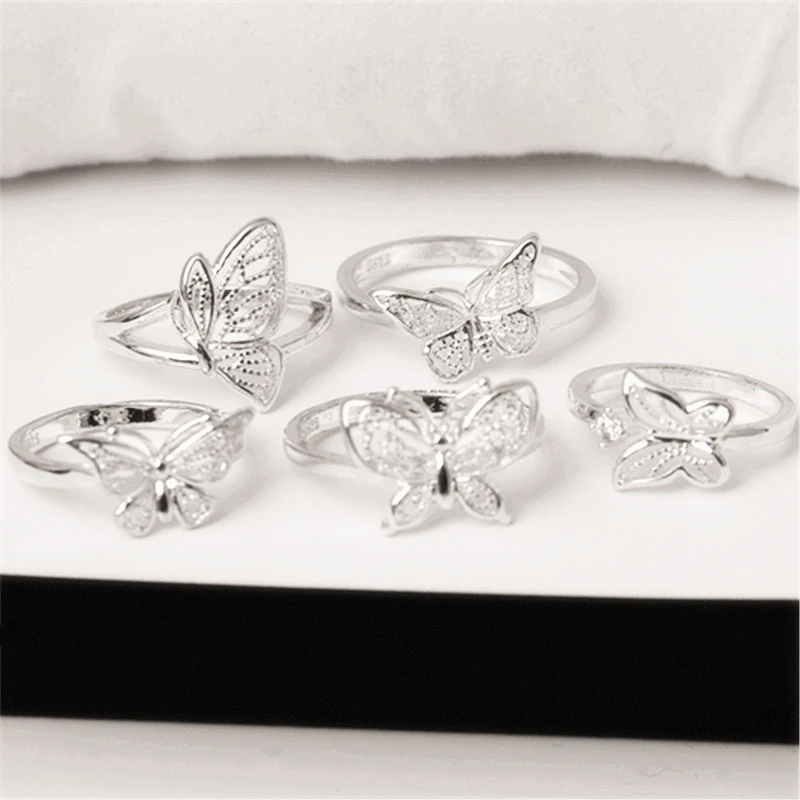

5 Packs of Fashionable Popular Silver Color Female Ring Temperament Female Butterfly Inlaid Zircon Opening Hand Jewelry