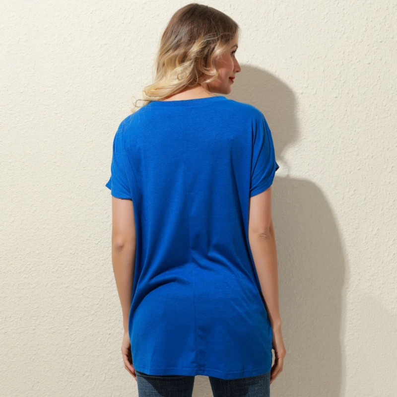 

Womens Casual Short Sleeve Loose T-Shirts Solid Color Tops V-neck Female Pullover Tops Summer Clothes