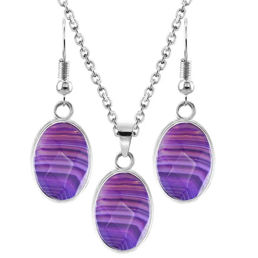 

Stripe Purple Agates Silver Plated Oval Shape Necklace Dangle Earrings Trendy Jewelry Sets