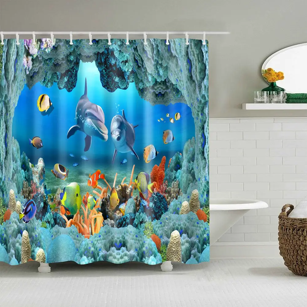 

Nautical Green Sea Turtles Beach Theme Fabric Shower Curtain Sets Bathroom Blue Ocean Decor with Hooks Waterproof Washable