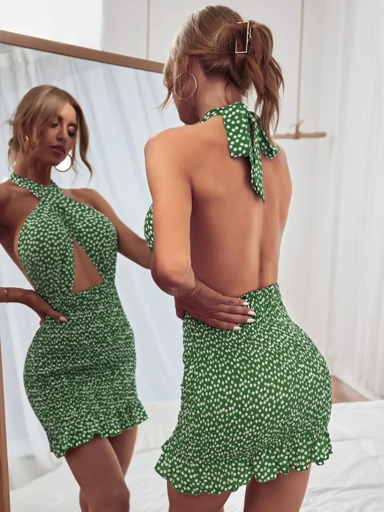

Sexy Tight Dress Party Cross Neckline Mini Wrap Skirt Ladies Club Cutout Pleated Summer