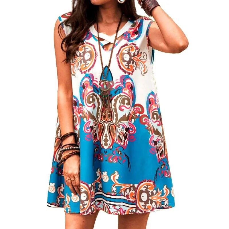 

Sexy Cross V-Neck Hollow Out A-Line Party Dress Lady Summer Casual Sleeveless Mini Dress Women Vintage Printed Loose Beach Dress