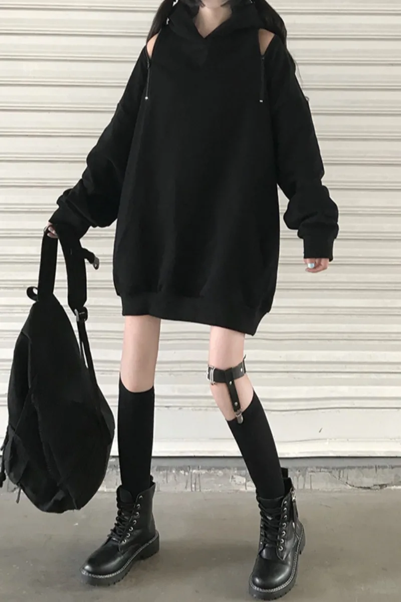 

GOOHOJIO New Basic Black Hoodies For Women Leisure Female winter Solid Colour Casual SweatshirtHip Pop Tops off-the-shoulder