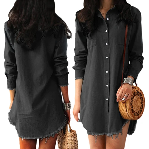 

2020 New Fashion Female Shirt Solid Color Turn-Down Collar Long Sleeve Shirt Dress for Women S/M/L/XL