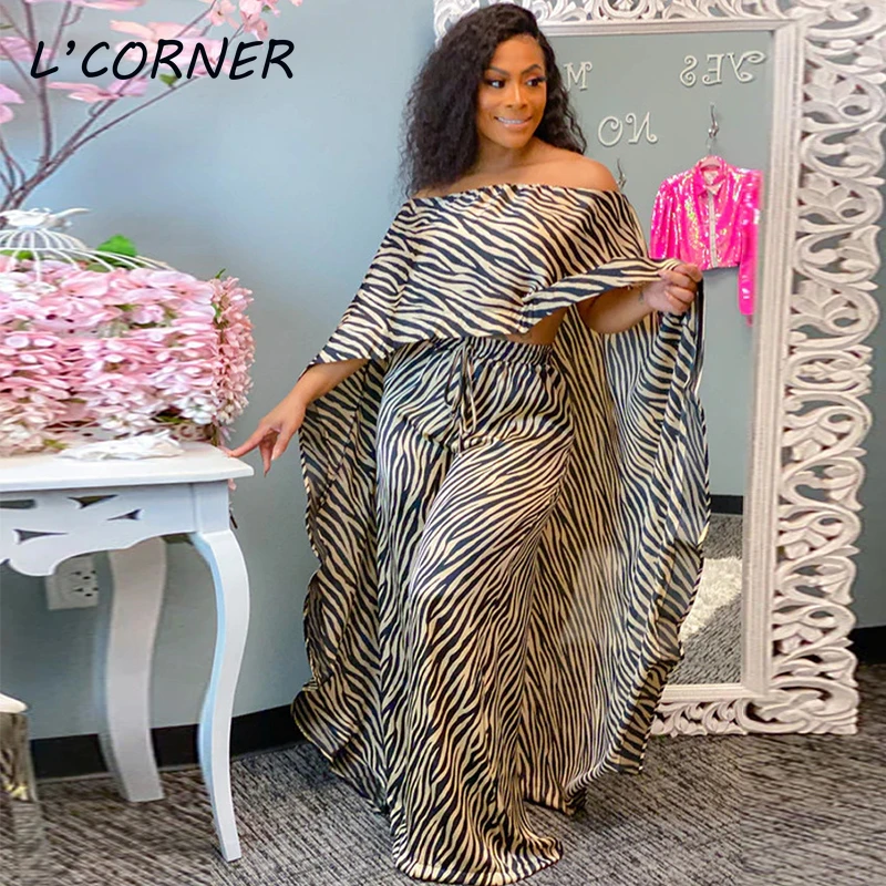 

Комплект из 2 предметов для женщин, Леопардовый принт, накидка с открытыми плечами, широкие брюки, рок Дашики базин, известный костюм, африканская одежда