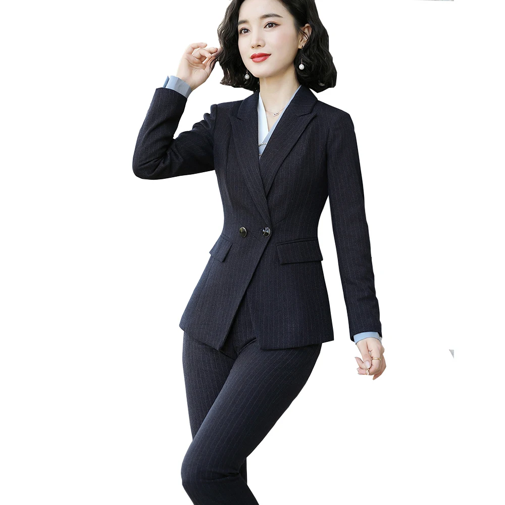 Blue Black Pant Suit Women S-5XL Professional Office Lady Work Wear Striped Jacket Coat And Trousers 2 Piece Set