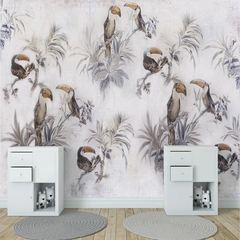 Custom Photo Wallpaper Medieval Hand Drawn Tropical Plant Toucan Mural Dining Room Living Bedroom Background Wall Art Decor |