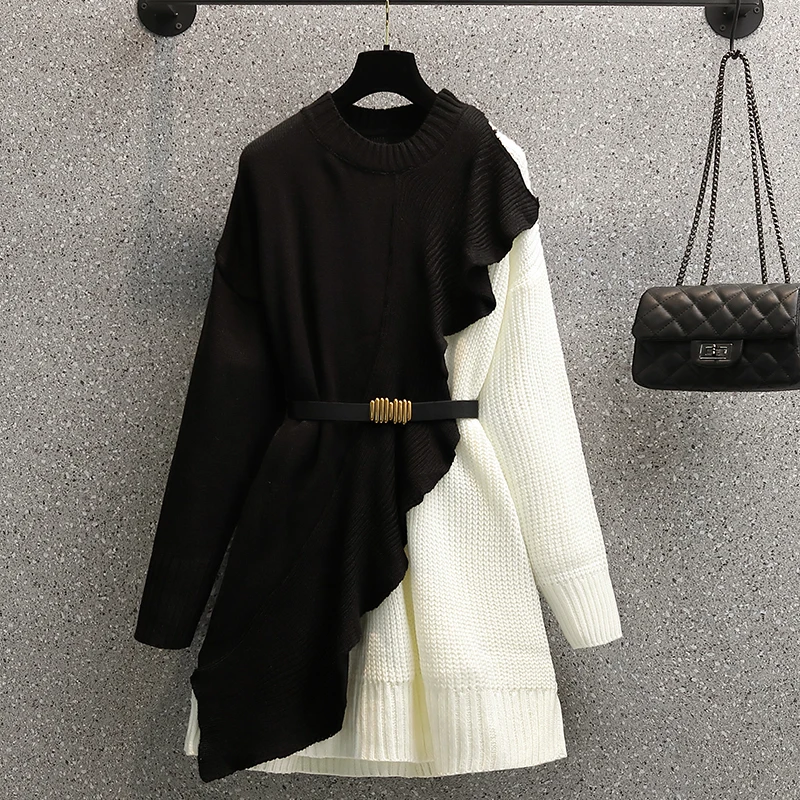 

Женское трикотажное платье составного кроя, черное или белое Элегантное трикотажное платье-свитер с круглым вырезом, оборками и поясом, Осе...