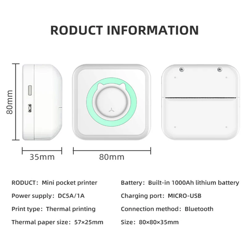 

Printer 203DPI Mini Portable Pocket Thermal Photo Printer Mobile Bluetooth 58mm Paper Sticker Label Printer for Home Office