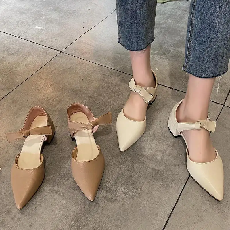 

Sandal For Girls 2021 Summer New Bow Pointed Toe Leather Sandals Ladies Shallow Thick Heel Women's Shoes Sandalias Mujer Shoes