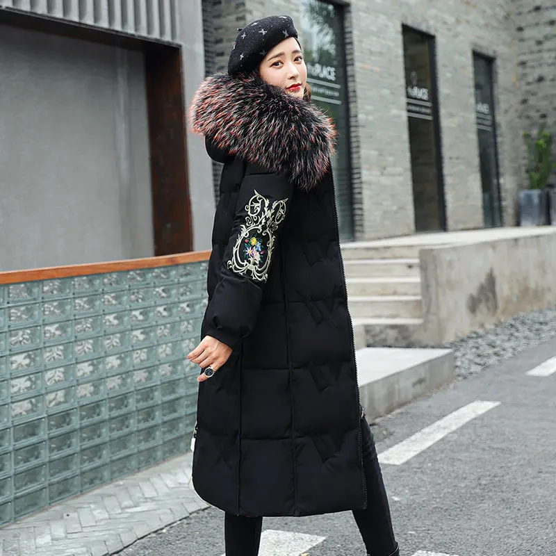 2020 New Embroidery Long Hooded Parka Winter Jacket Women Warm Thick Double-sided Wear Parka Fur Collar Coat Female Office Lady