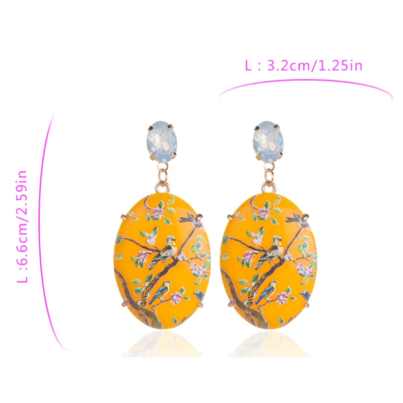 

Hot New Trendy Geometric Acrylic Statement Drop Earrings China Style Stone Earrings With Flower And Bird Painting Edges Brincos