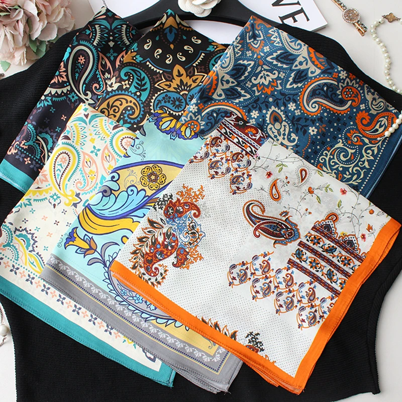 

100% Silk Scarf Women Vintage Boho Style Kerchief Bandana Paisley Flower Print Headband Hairband Tied 20.8 inches