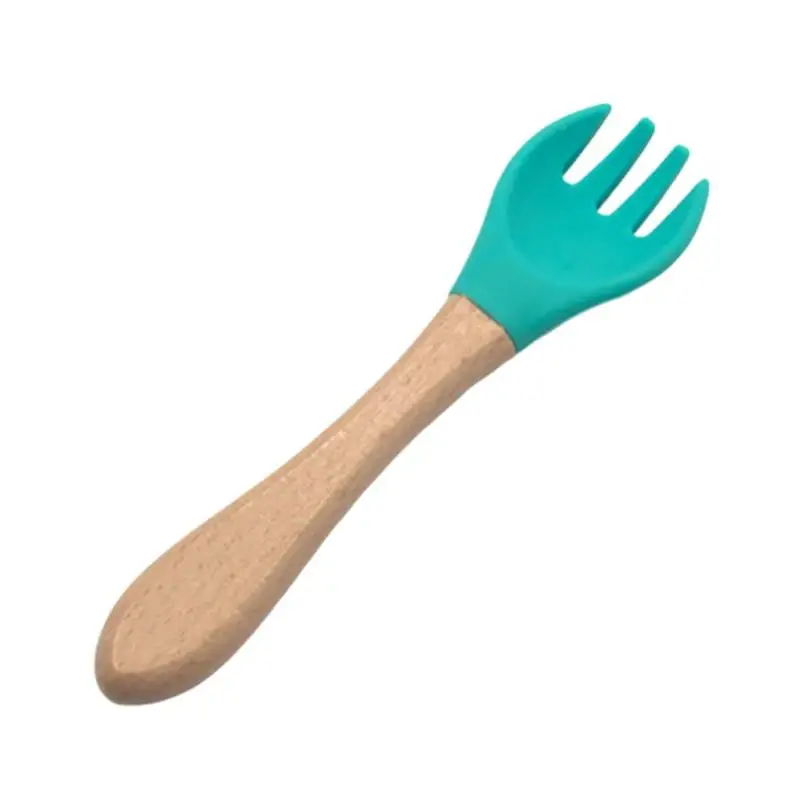 

Baby Silicone Tableware Wooden Handle Spoon Fork Safety Feeding Complementary Flatware Children's Z9X8