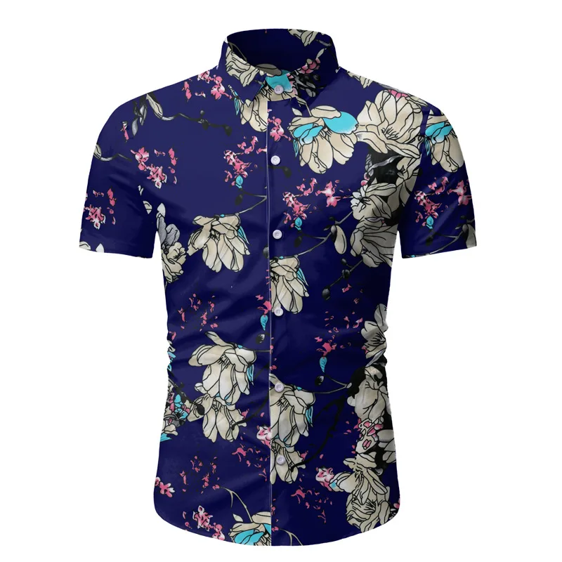 Shenrun Men Shirts Spring Summer Short Sleeve Casual Beach Shirt New Fashion Hawaiian Flower Pattern Daily Life Work White Blue | Мужская