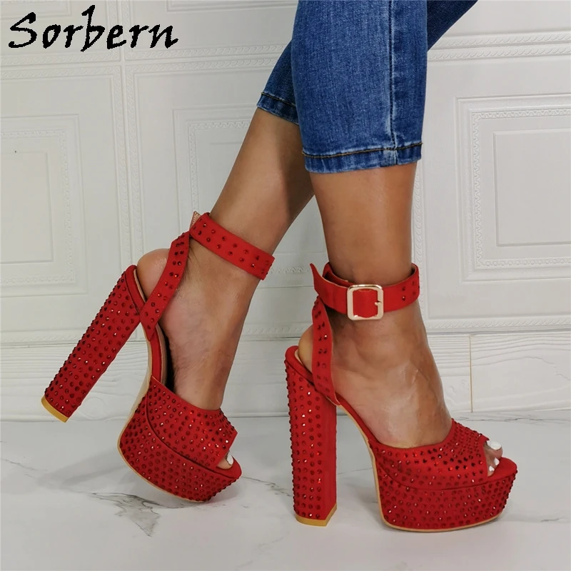 Фото Роскошные блестящие сандалии Sorbern с красными ремешками на щиколотке, летние стильные сандалии с открытым носком на платформе и платформе с открытой пяткой на высоком каблуке №3