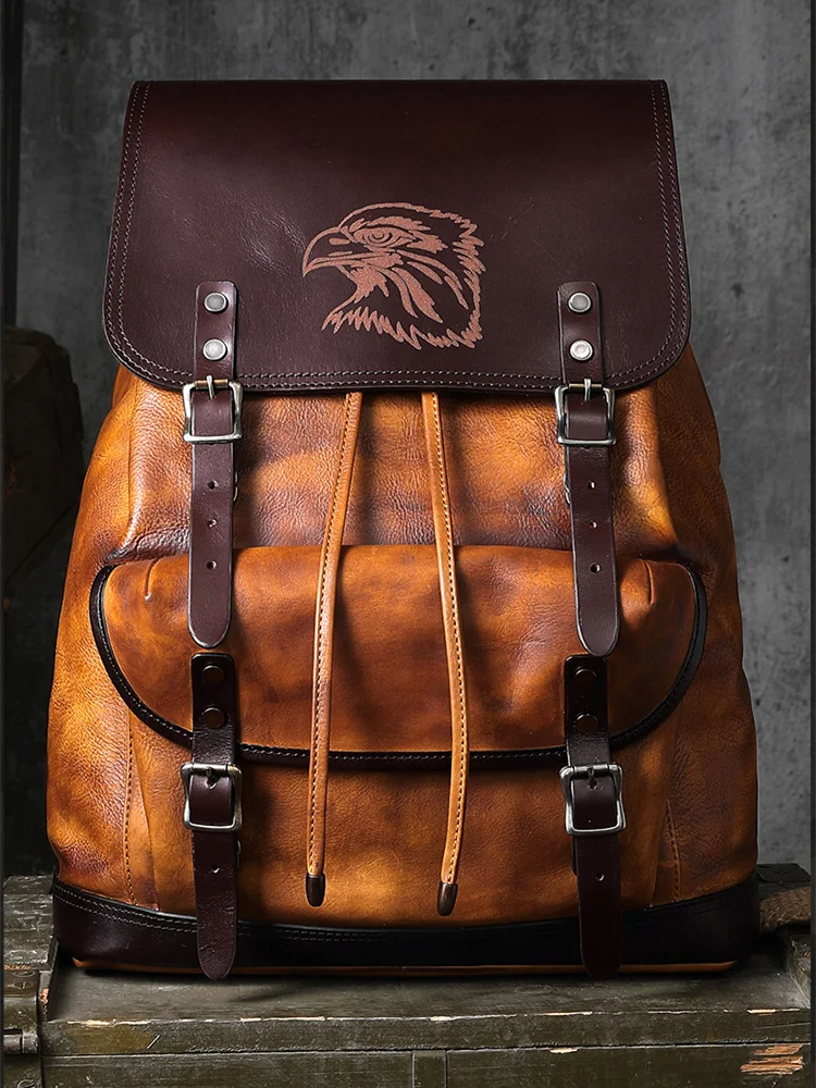 

Cow Leather Backpack Large capacity man travel mountaineering handmade bag drawstring eagle logo backpack Daypack