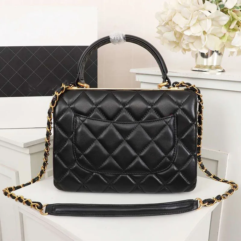 Hot Selling Handbag Tote Bags Fashion Design Ladies One Shoulder Bag For Women Classic Deluxe Real Leather Slant Purse Bag - Цвет: Black gold chain