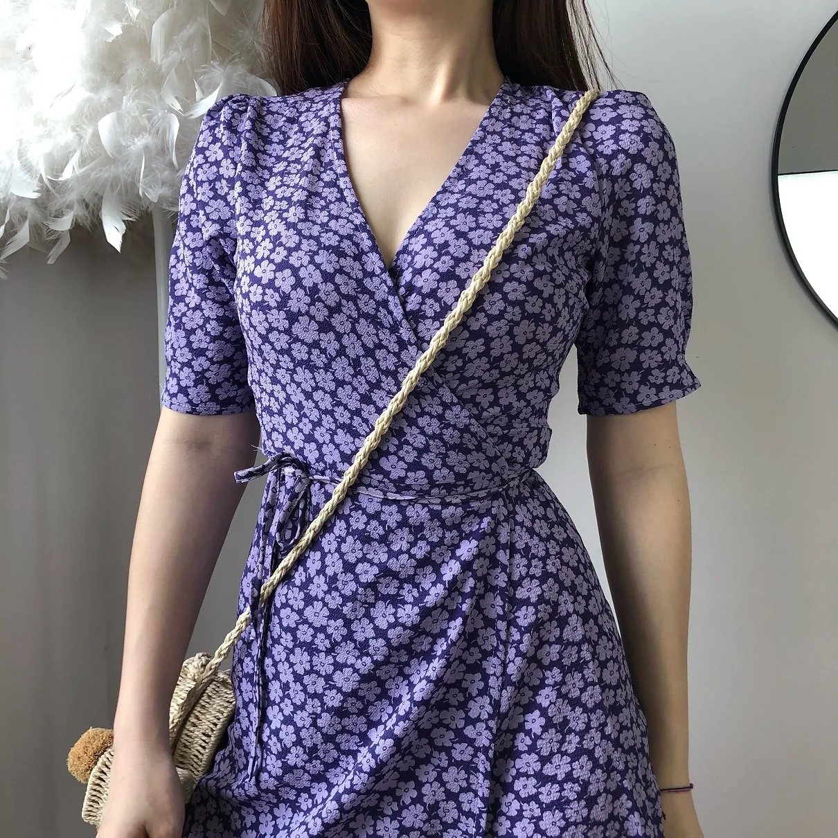 

WOMENGAGA 2021 Summer New Slim French Pastoral Floral Wrapped Breast Dress Tea Break V-Neck Dress Woman 2P0H