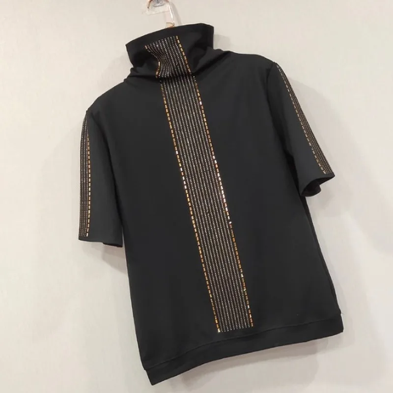 

Водолазка, футболка, женские топы, Женская хлопковая футболка в римском стиле, популярная женская футболка со стразами, свободный короткий ...