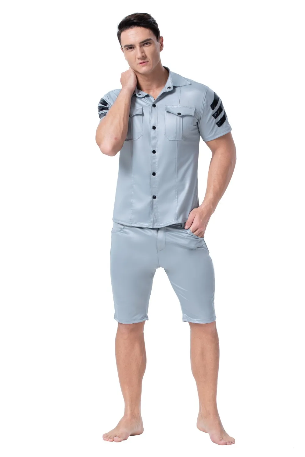 XX149 S-2XL мужские искусственная кожа застежка Брюки с карманами ночной клуб черный ПВХ бондаж шорты Готический полосатый рядом фетиш