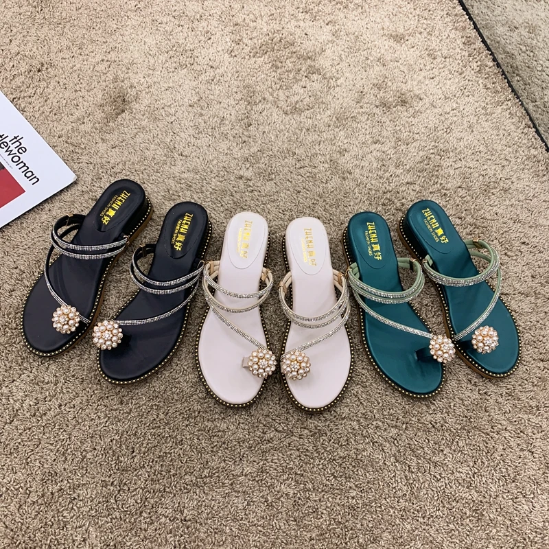 

DLEK High-heeled Sandals String Bead Flower Sweet Slippers Women Flip Flop Casual Summer Green Bling Elegant Wedges