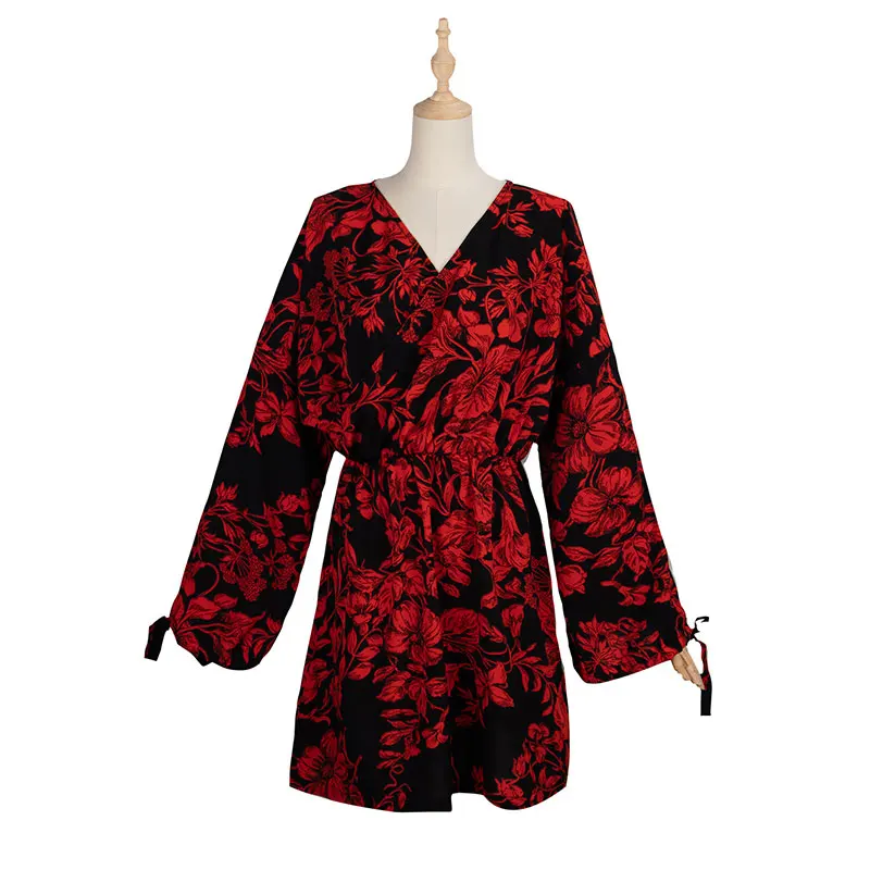 

Autumn Winter Ladies Puff Sleeve Ruffle High Wasit Floral Print Dress Women 2021 New V-neck Lace Up Full Sleeve A-line Dress