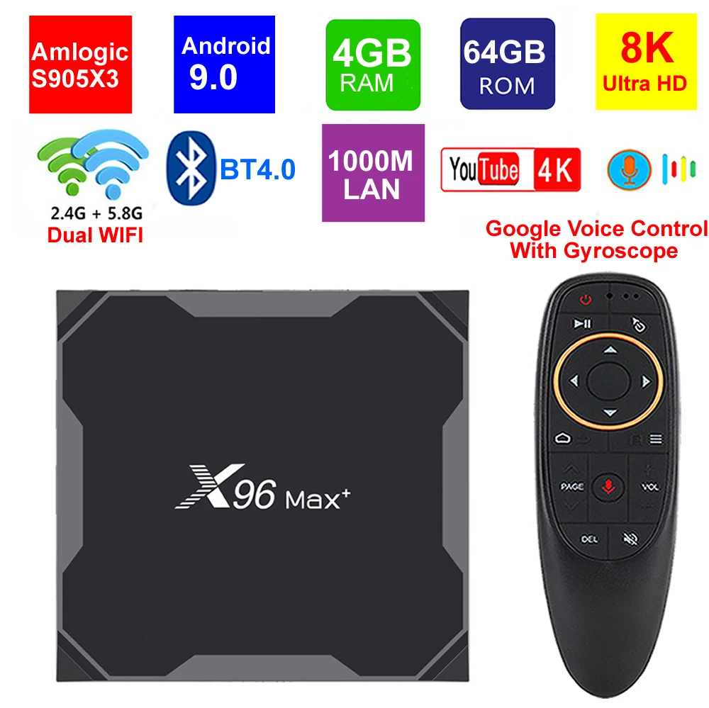 Оригинальная ТВ-приставка X96 Max Plus 8K Android 9 0 Amlogic S905X3 Четырехъядерный 4 Гб 64 5G Dual WIIF