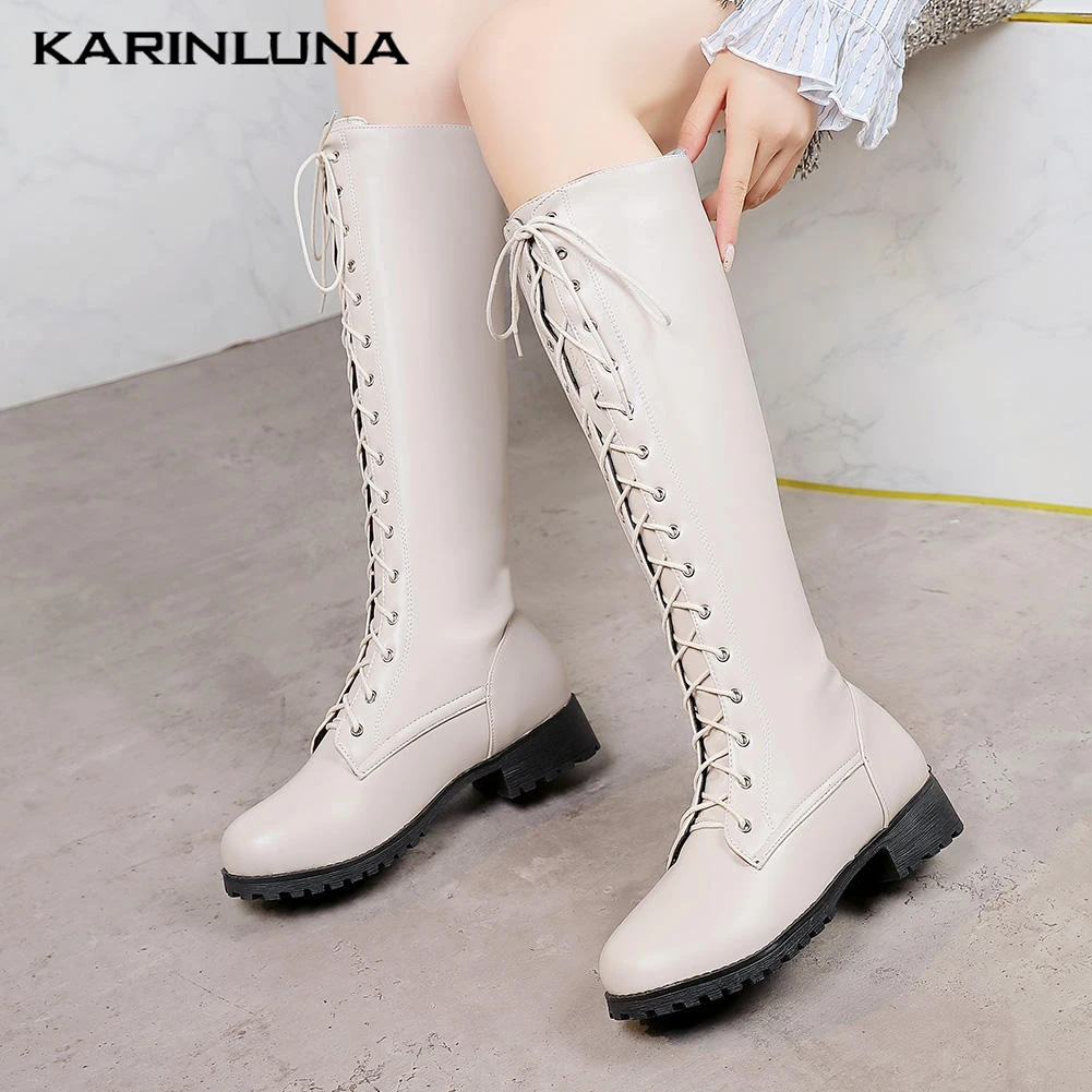 

Karinluna New Large Sizes 48 Fashion Shoelaces Chunky Heels Winter Woman Shoes Walking Knee High Boots