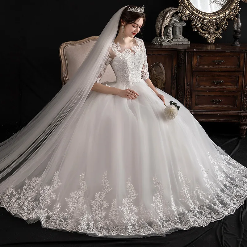 

Women's wedding dress plus size O neck half sleeve Muslim bridal wedding gown lace embroidery wedding dress custom made