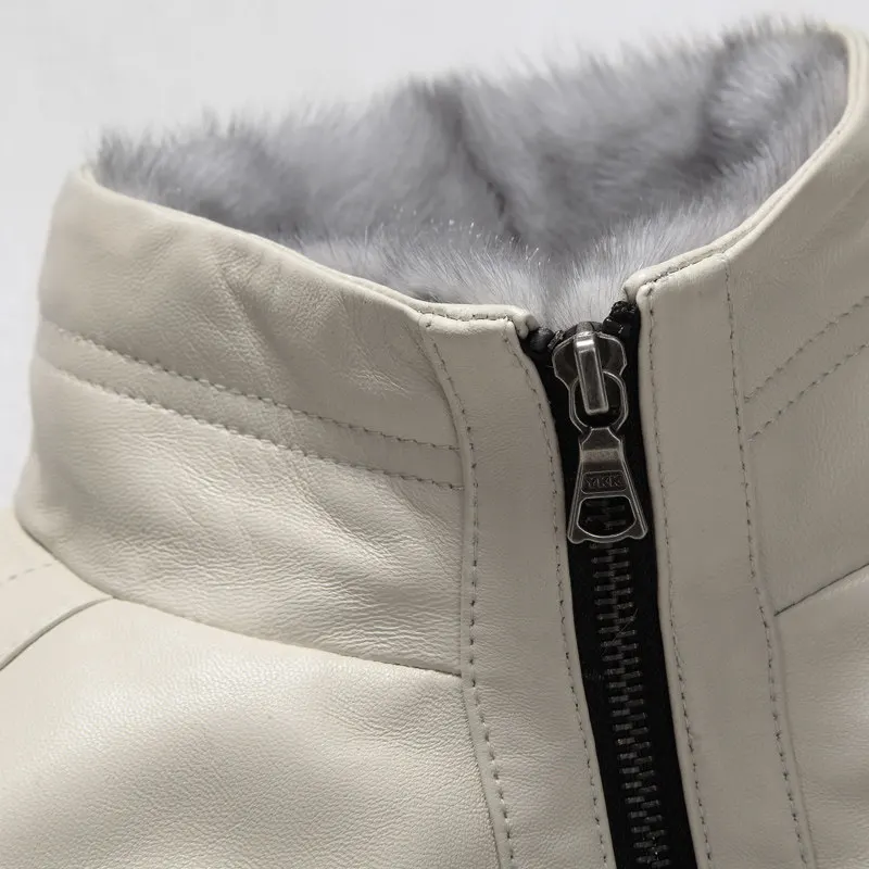 Зимняя мужская куртка из натуральной кожи с норковым меховым воротником и утиным