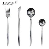 lucf hot famous design stainless steel cutlery sets dinnerware set dishwasher safe fashion rounded spoons silverware for kitchen