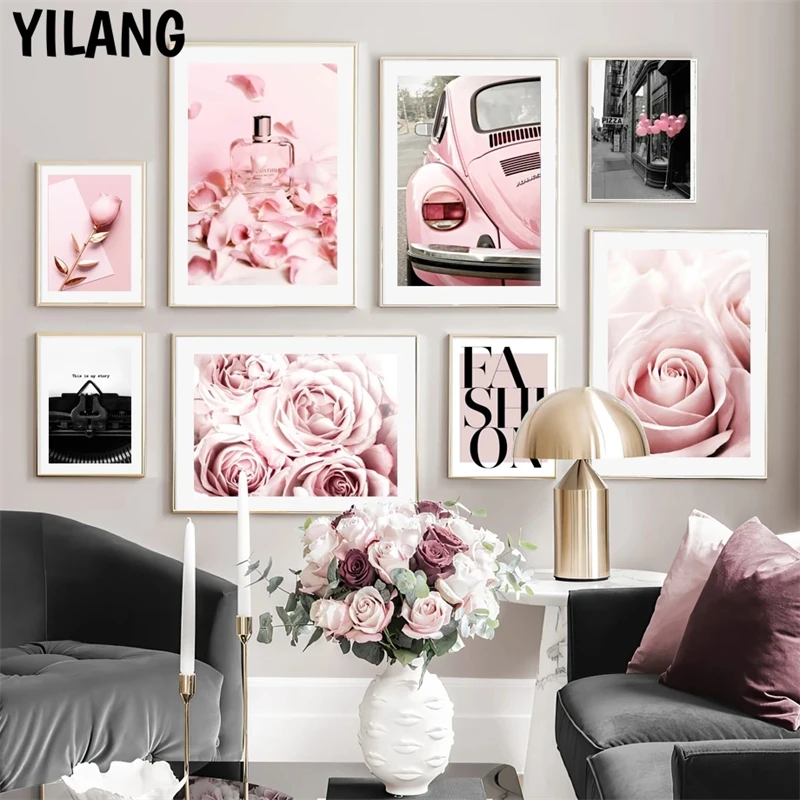

Розовый Модный парфюм пиона Роза винтажный автомобиль в скандинавском стиле модная настенная Картина на холсте постеры и принты Декор для ...