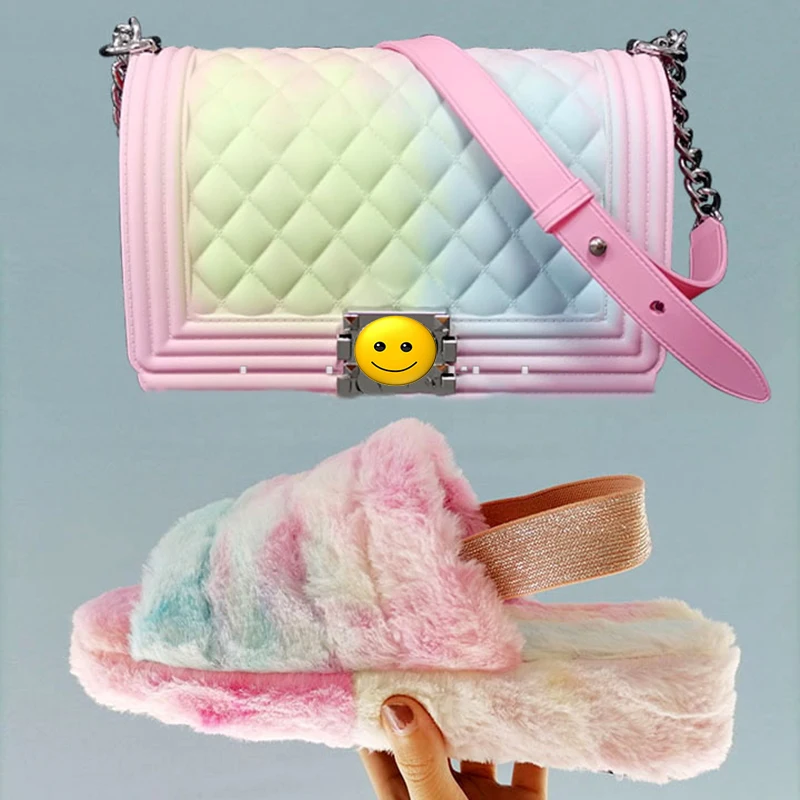 

GW color designers jelly purses handbags fashion wholesale custom slippers slipper fox fur shoes kids sandals women slides