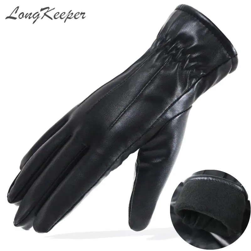 

Longkeeper Women Fashion Winter Faux Leather Gloves Black Full Finger Touch Screen Warm Gloves Driving Guantes luvas