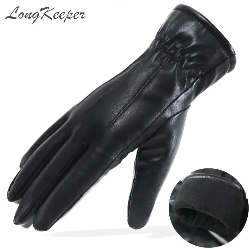 Женские модные зимние перчатки Longkeeper из искусственной кожи черные теплые с