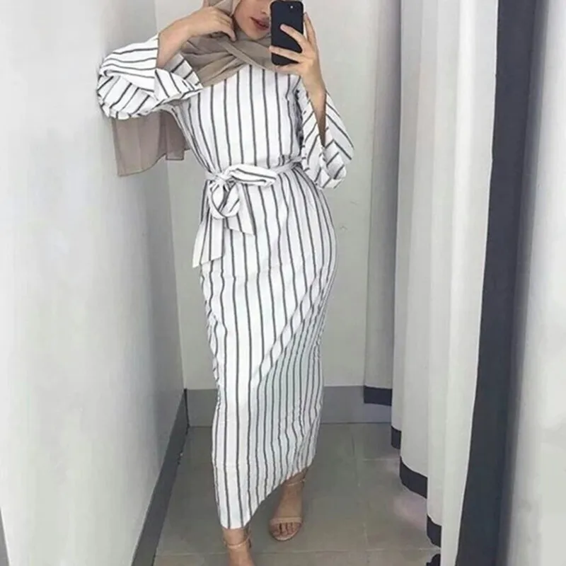 

Plus Size Fashion Striped Muslim Robe Musulmane Turkish Dubai Abaya Muslim Dress Arab Worship Service Abaya Wholesale