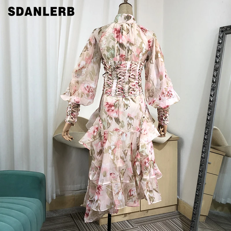 

2021 Early Autumn New Retro Dress Elegant Waist Slimming Irregular Women's Long Sleeve Mid-length Ruffles Dress with Waist Seal