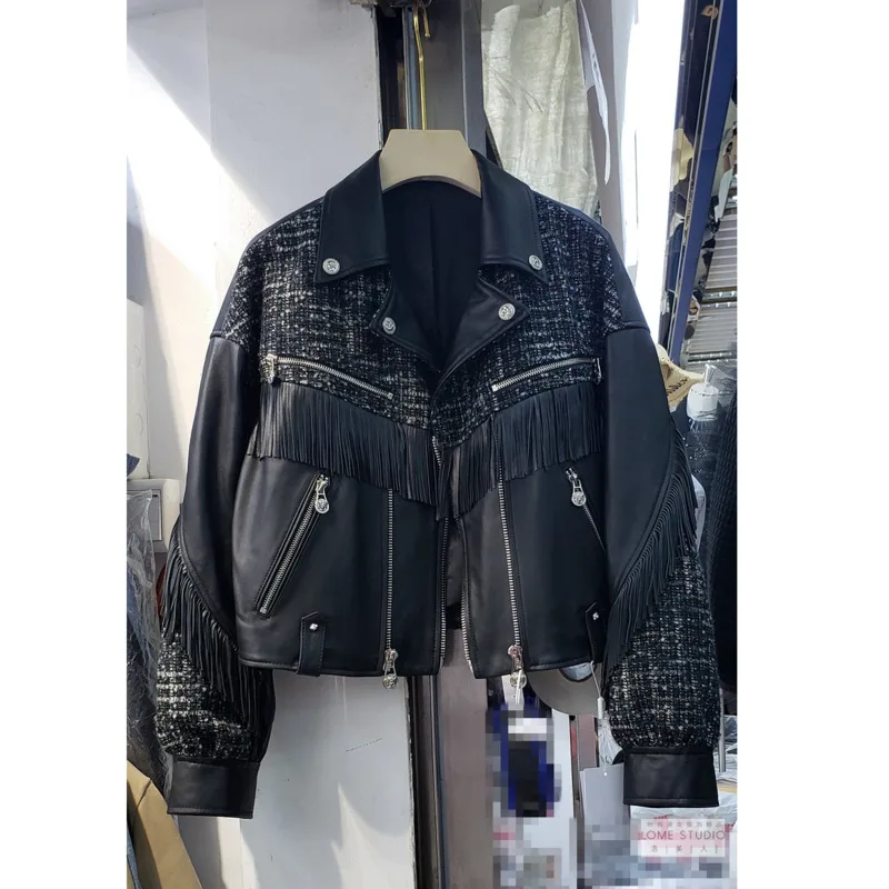 

Autumn New Tassel Pu Faux Leather Jacket Women Short Coat Splicing Small Fragrance Jacket Fashion Motobike Jackets Female