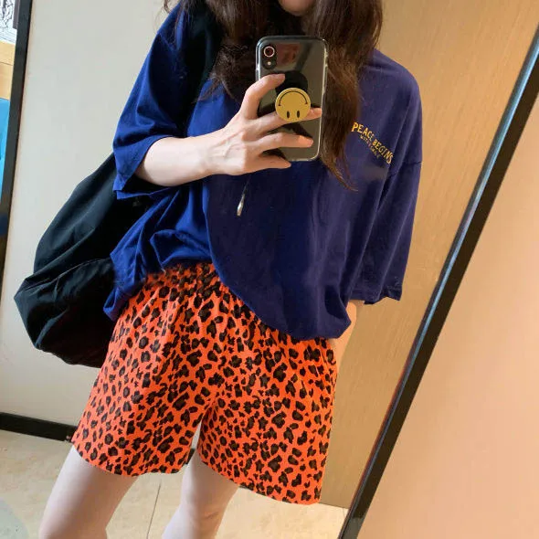 

Fashion Summer Women Leopard Shorts Leisure Loose Short Pants Elastic High Waist Casual Fashion Loose Big Plus Size Party Club