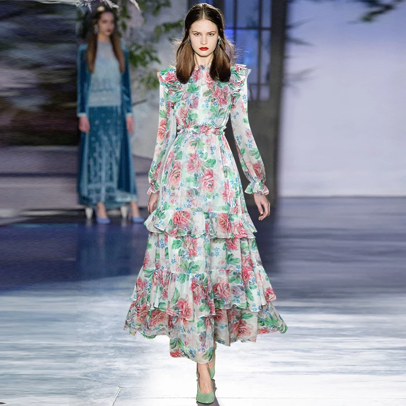 

Женское шифоновое платье Qian Han Zi, длинное платье с рукавами-фонариками, винтажным цветочным принтом, эластичным поясом и Каскадными рюшами